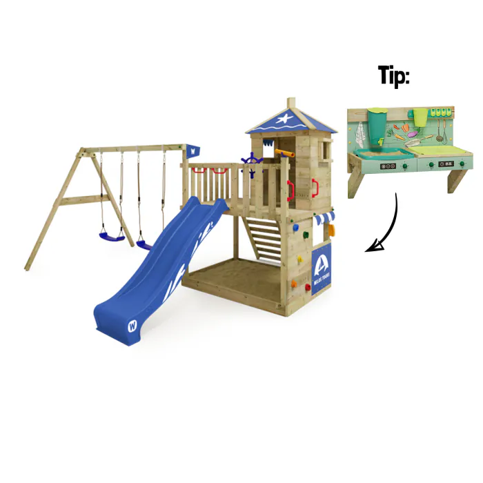 Wooden climbing frame with slide and swing