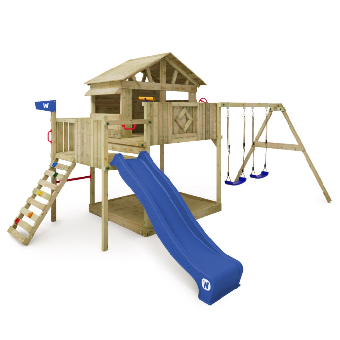 Wooden climbing frame with swing and slide 2025