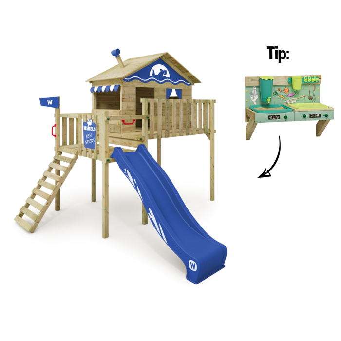 Wooden playhouse with slide and sandpit hotsell