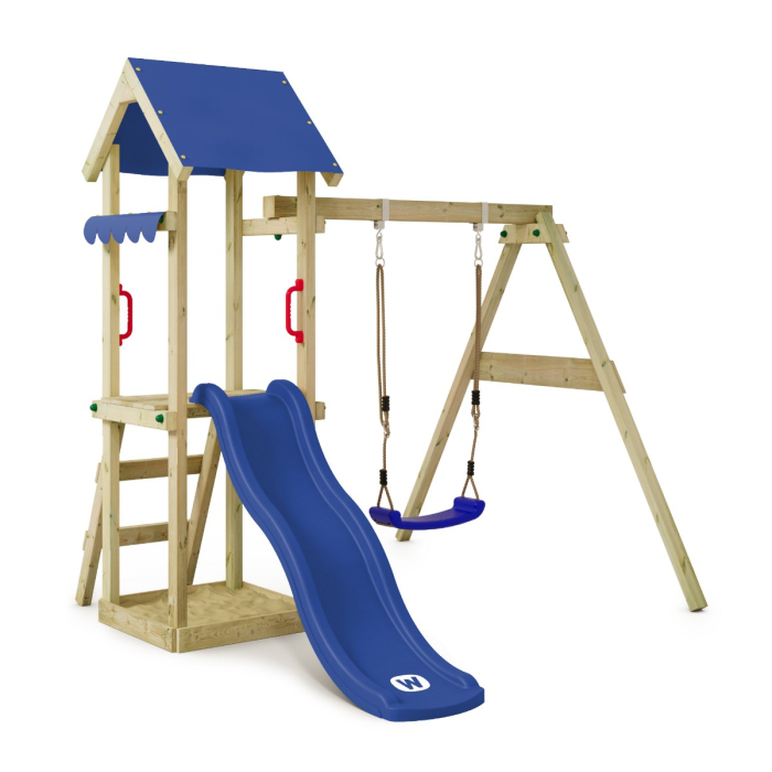 Climbing frame with shop slide and swing